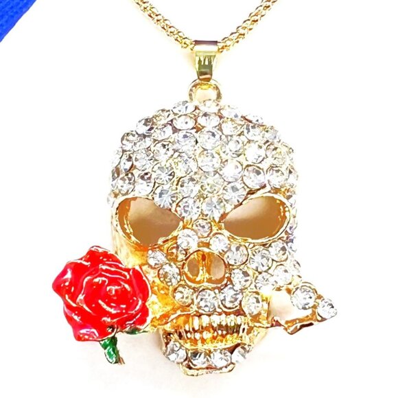 SKULL  with Rose Pendant Necklace - Picture 1 of 1